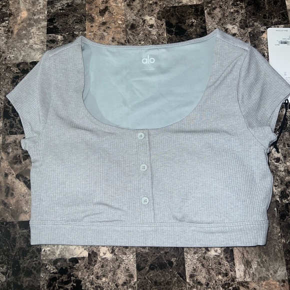 ALO YOGA BLISSFUL HENLEY BRA TOP HEATHER GREY COLOR NWT - Picture 9 of 11